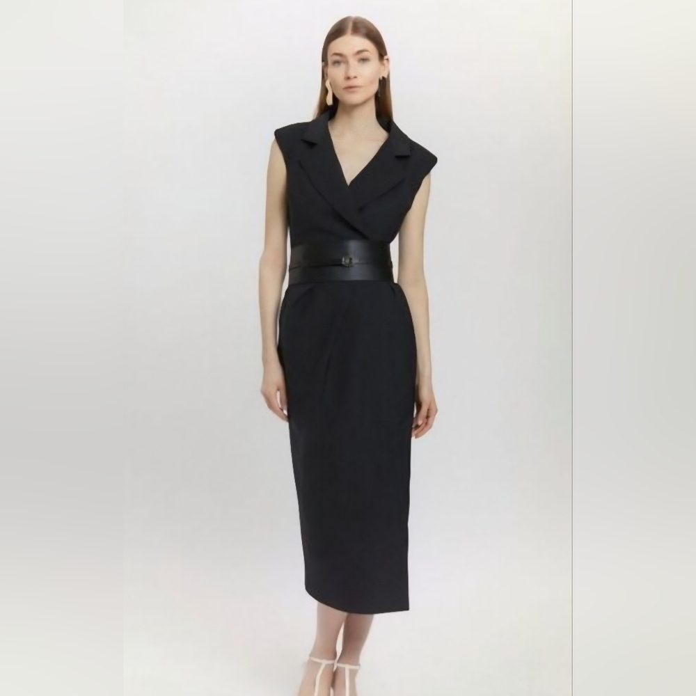 Elegant Karen Millen Wool Blend High End Black Sleeveless Dress, Size 4 US🇺🇲